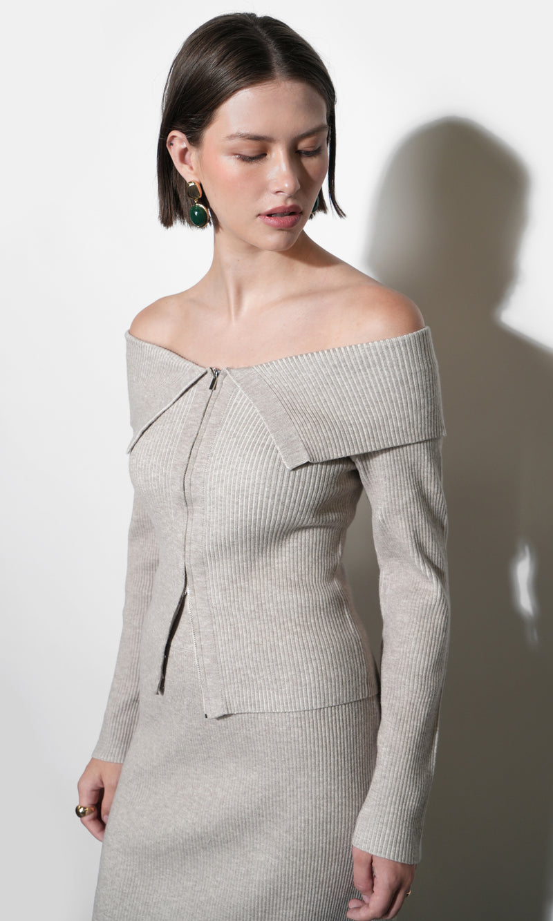 Hazel Off Shoulder Zip up Knit Top