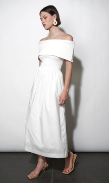 Marjorie Mixed Media Off Shoulder Midi Dress | Greylin M / White Marjorie Mixed Media Off Shoulder Midi Dress | Greylin M / White