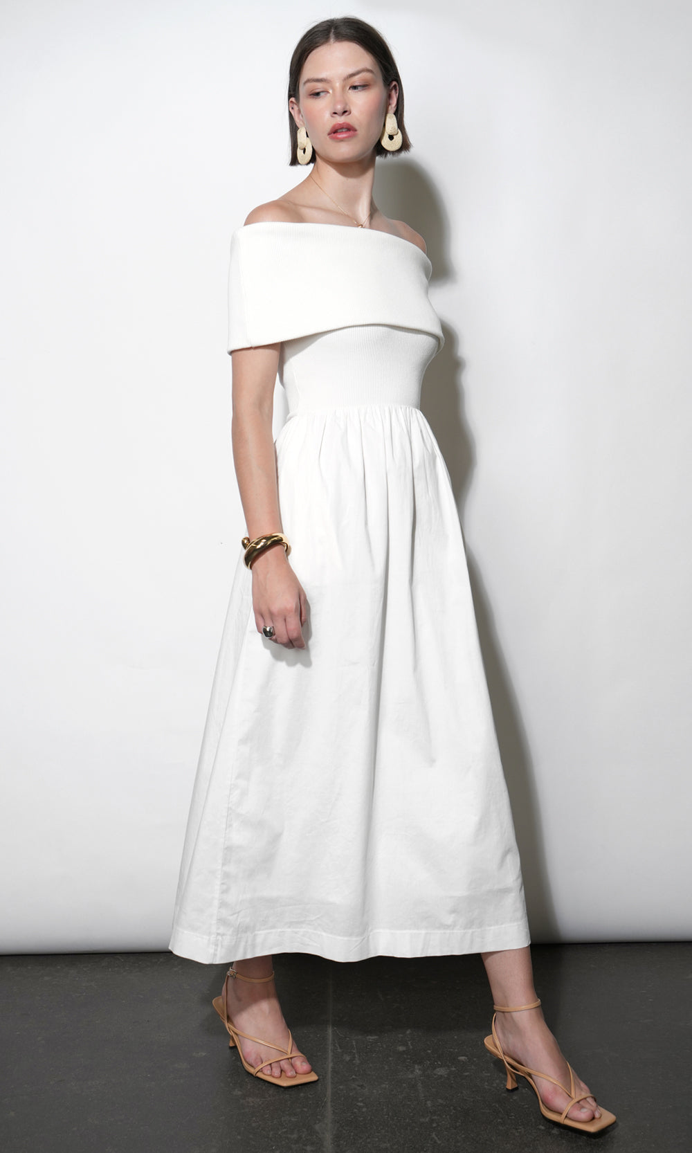 Marjorie Mixed Media Off Shoulder Midi Dress Marjorie Mixed Media Off Shoulder Midi Dress