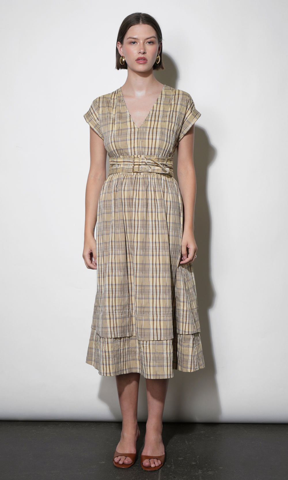 Elizabeth Dolman Sleeve Plaid Belted Midi Dress | Greylin