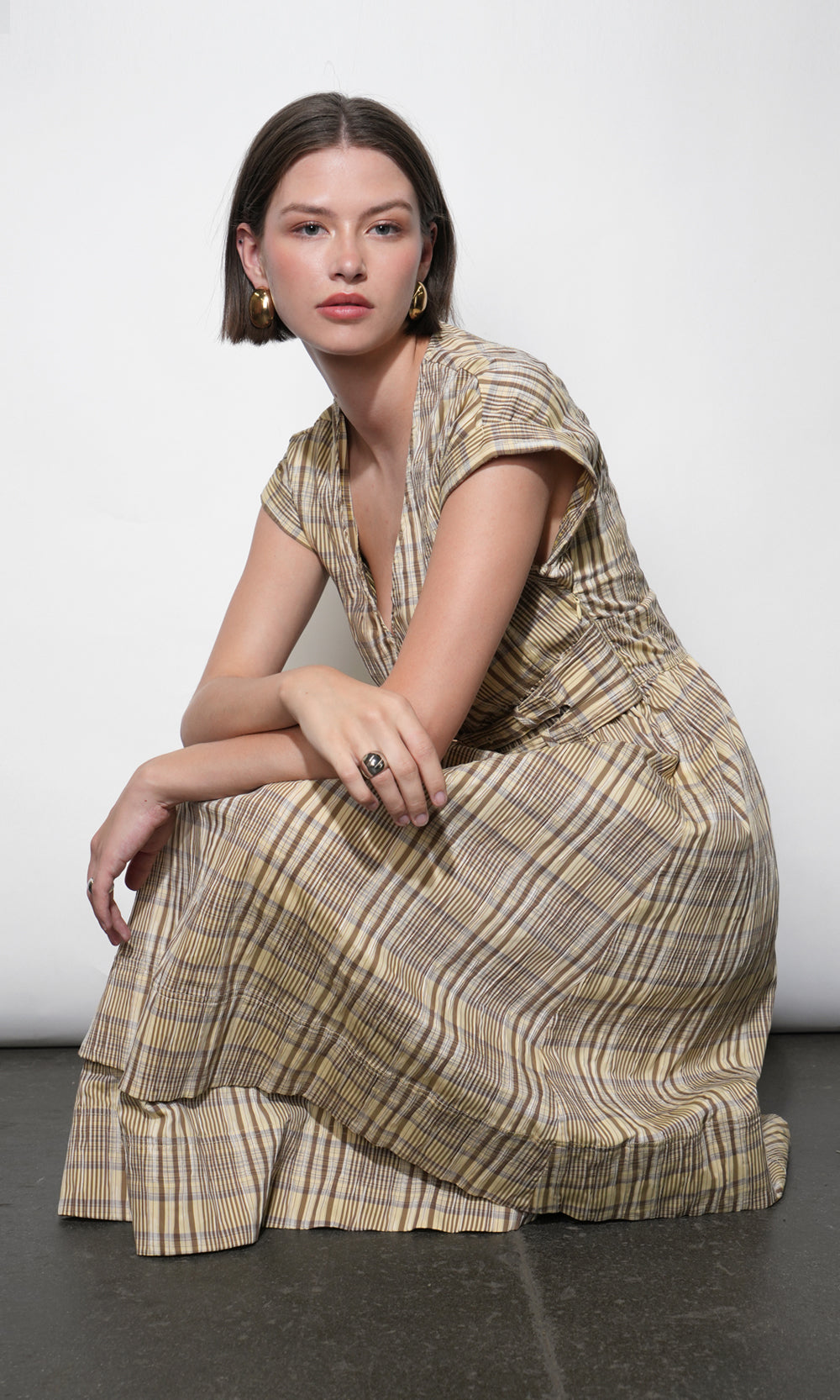Elizabeth Dolman Sleeve Plaid Belted Midi Dress | Greylin