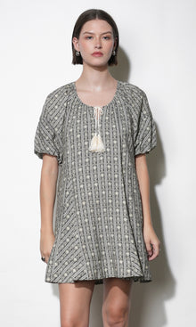 Elena Stripe Pattern Bubble Sleeve Popover Dress