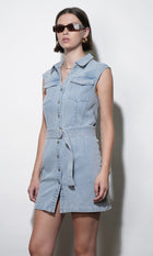 Madison Sleeveless Denim Mini Belted Dress