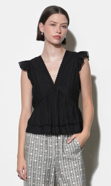 Victoria Pin Tuck Flutter Sleeve Black Top