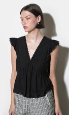 Victoria Pin Tuck Flutter Sleeve Black Top