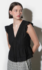 Victoria Pin Tuck Flutter Sleeve Black Top