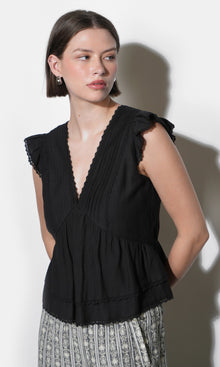 Victoria Pin Tuck Flutter Sleeve Black Top