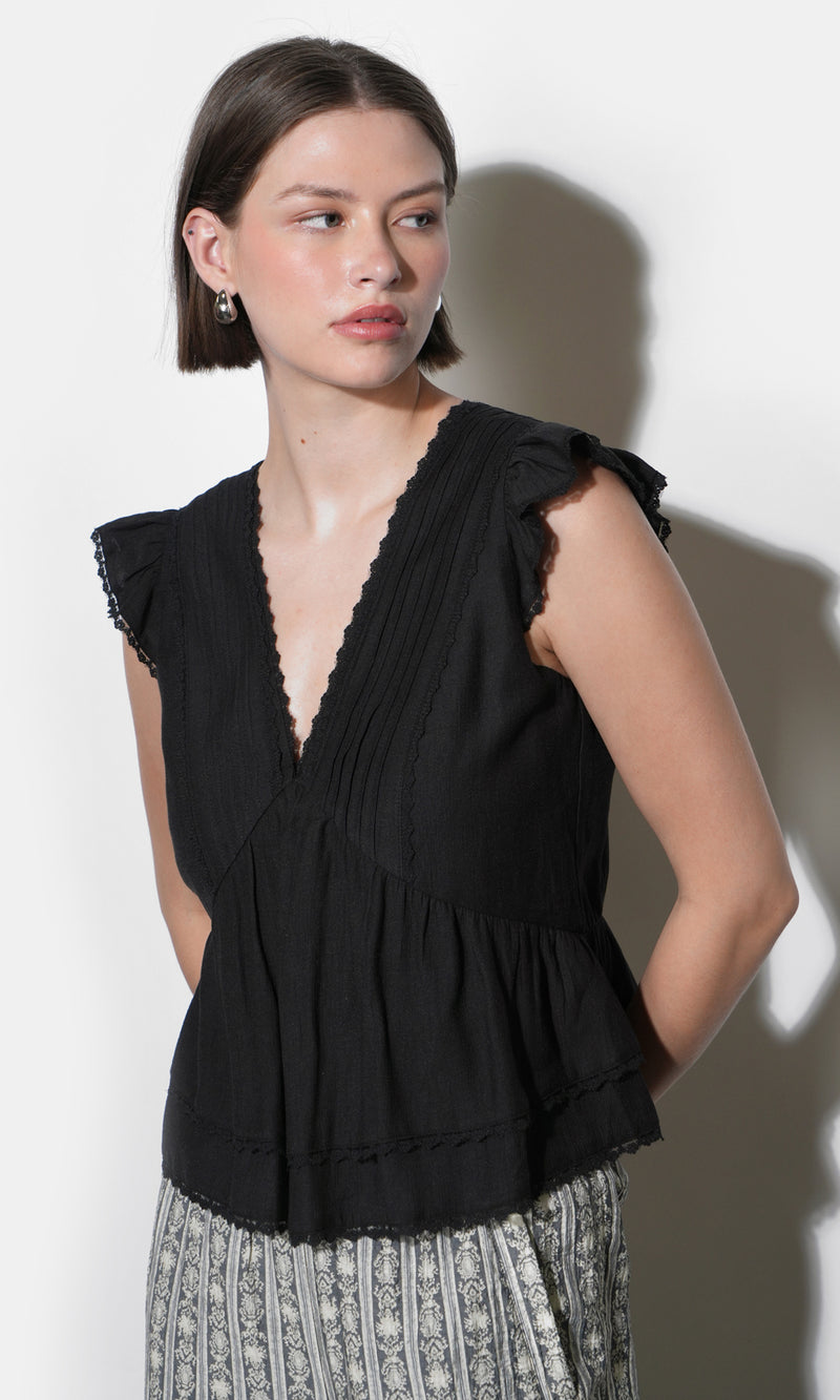 Victoria Pin Tuck Flutter Sleeve Black Top