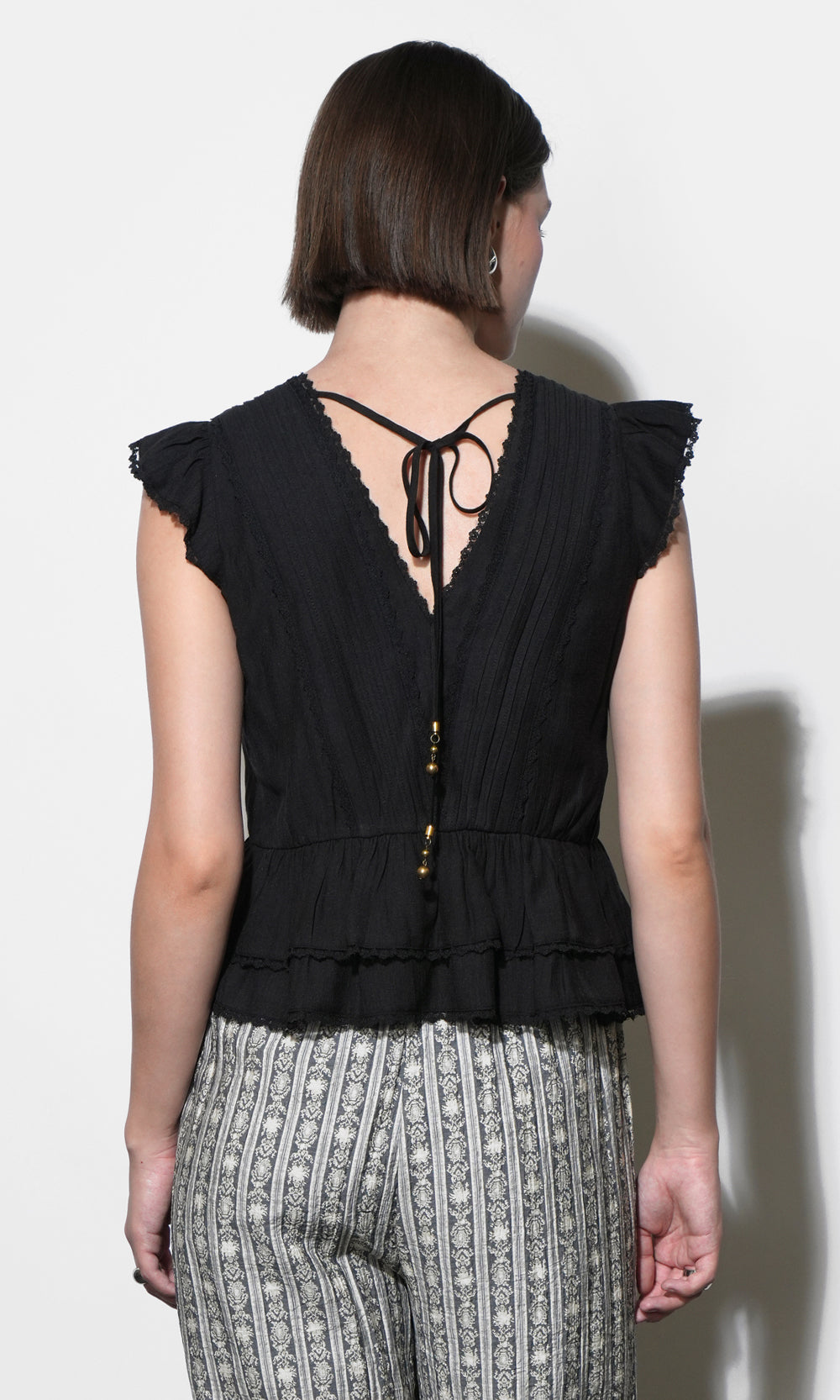 Victoria Pin Tuck Flutter Sleeve Black Top