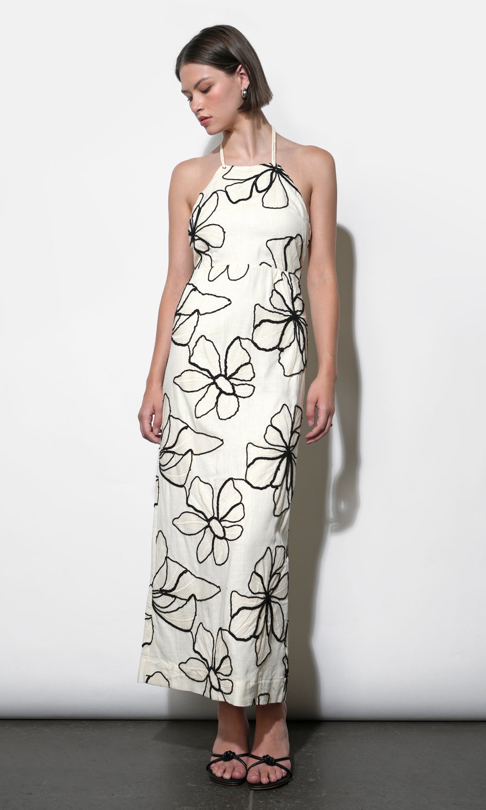 Josie Large Embroidery Floral Halter Midi Dress