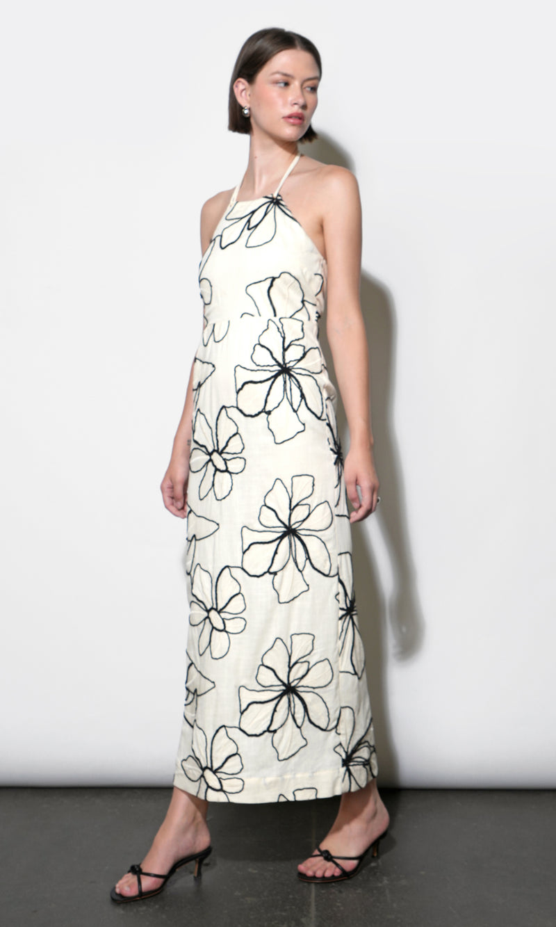 Josie Large Embroidery Floral Halter Midi Dress