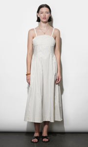 Lyla Gathered Side Sleeveless Stripe Midi Dress