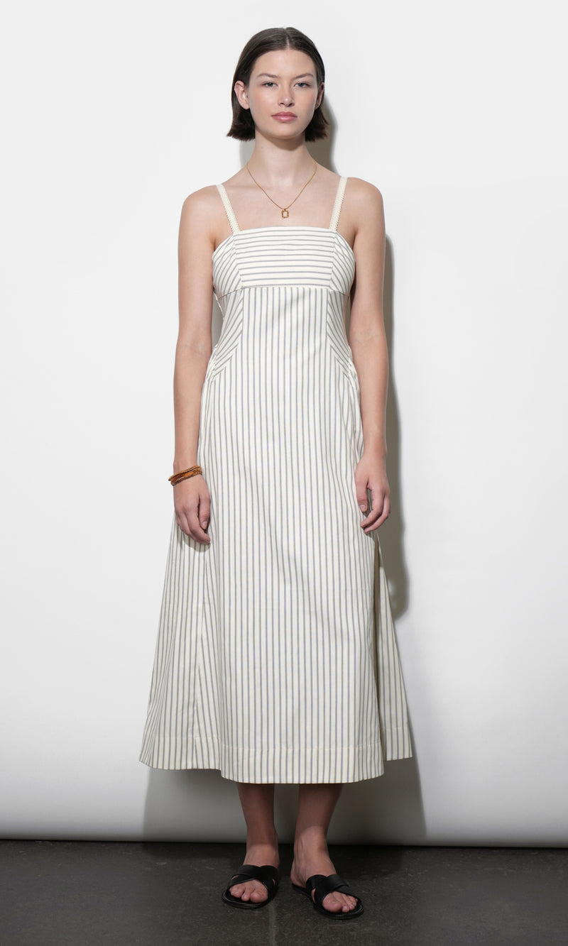 Lyla Gathered Side Sleeveless Stripe Midi Dress