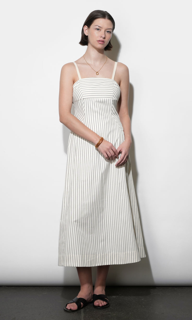 Lyla Gathered Side Sleeveless Stripe Midi Dress