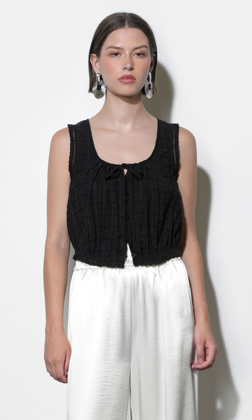 Clara Textured Eyelet Detail Bubble Hem Black Top