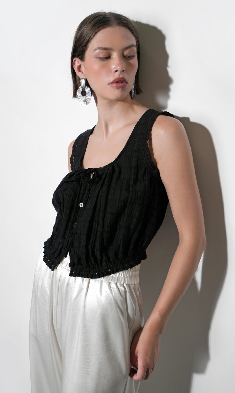Clara Textured Eyelet Detail Bubble Hem Black Top
