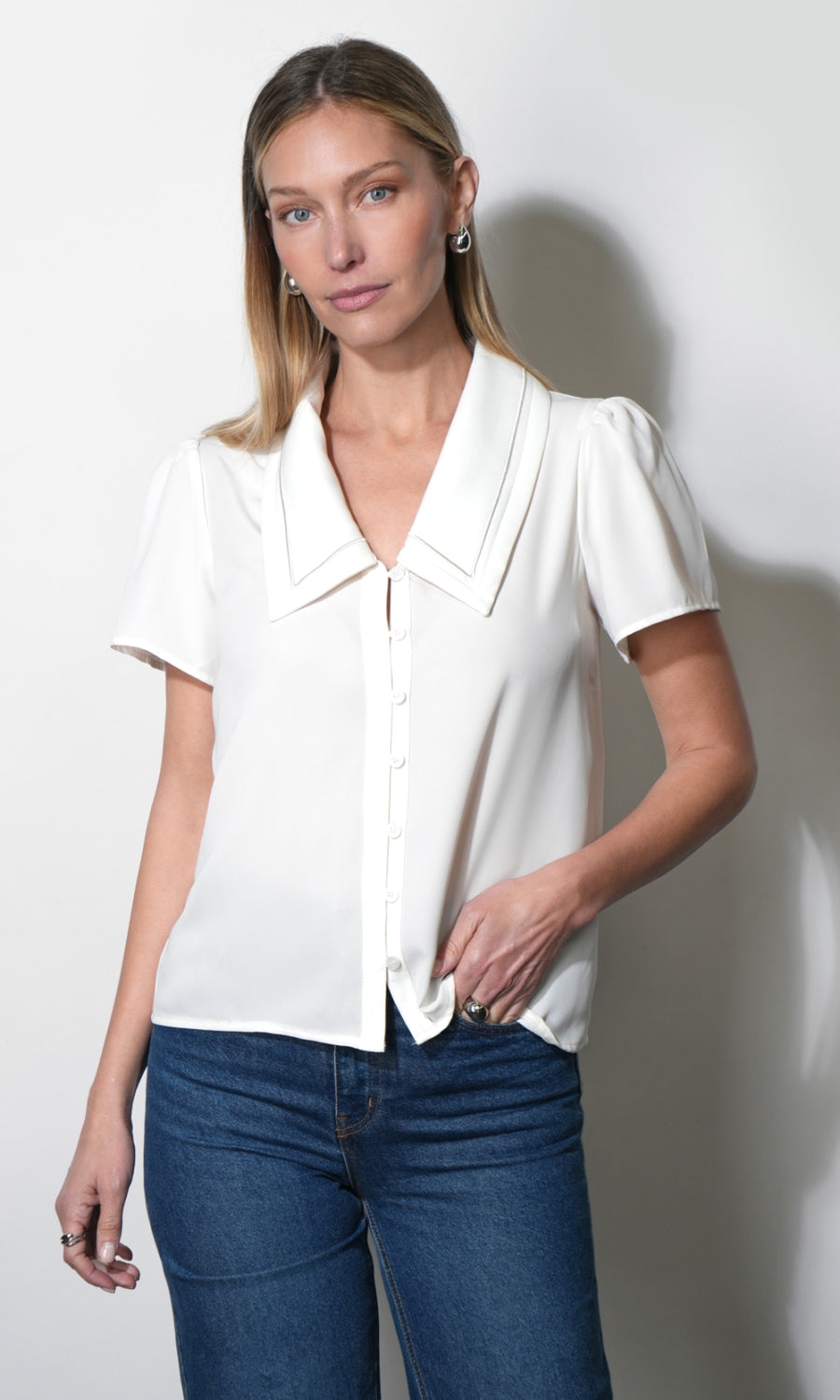 Gaia Sailor Collar Short Sleeve Ivory Blouse G267T7607_IVORY