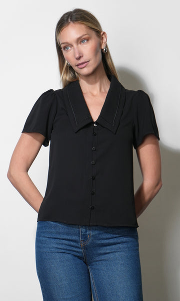 Gaia Sailor Collar Short Sleeve Black Blouse | Greylin