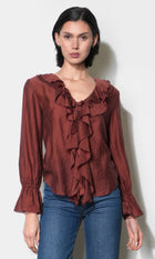 Gemma Cascading Ruffle Button Front Long Sleeve Top G266T7579_CLAY