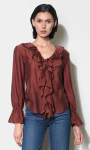 Gemma Cascading Ruffle Button Front Long Sleeve Top G266T7579_CLAY