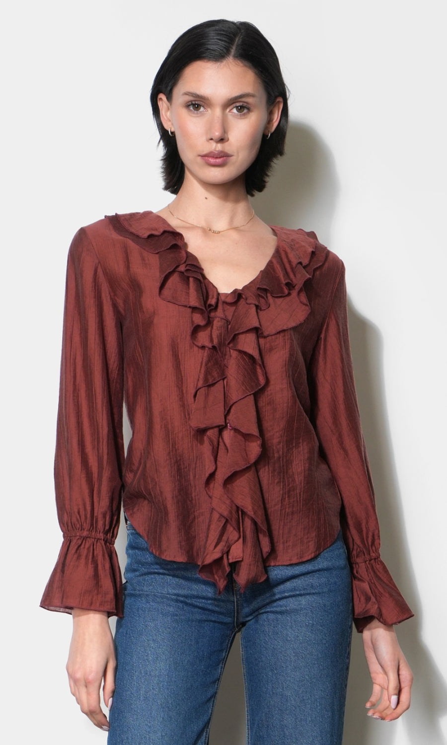 Gemma Cascading Ruffle Button Front Long Sleeve Top G266T7579_CLAY