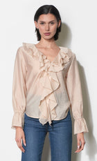 Gemma Cascading Ruffle Button Front Long Sleeve Top G266T7579_KHAKI