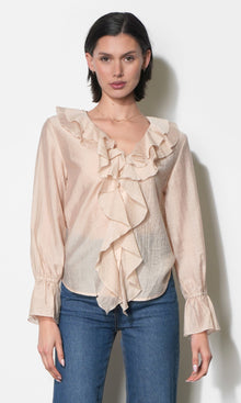 Gemma Cascading Ruffle Button Front Long Sleeve Top G266T7579_KHAKI