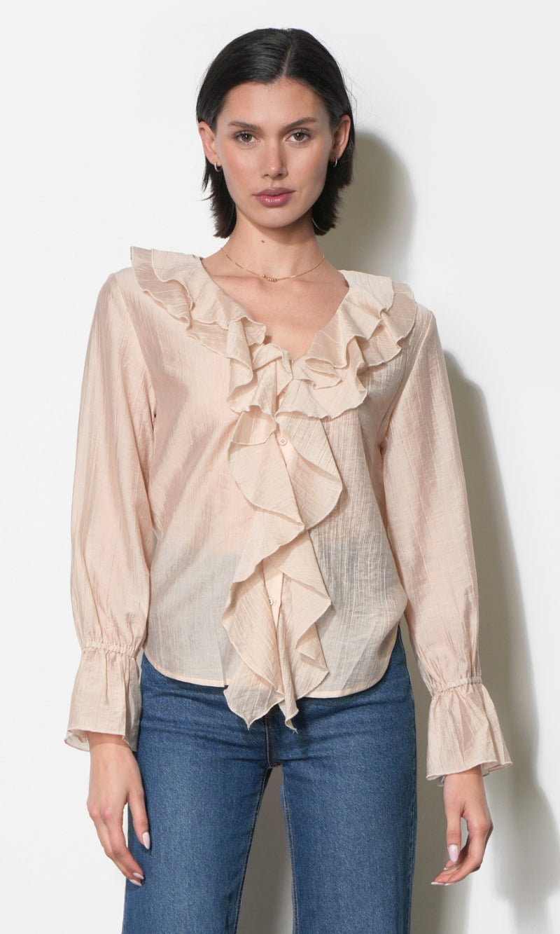 Gemma Cascading Ruffle Button Front Long Sleeve Top G266T7579_KHAKI