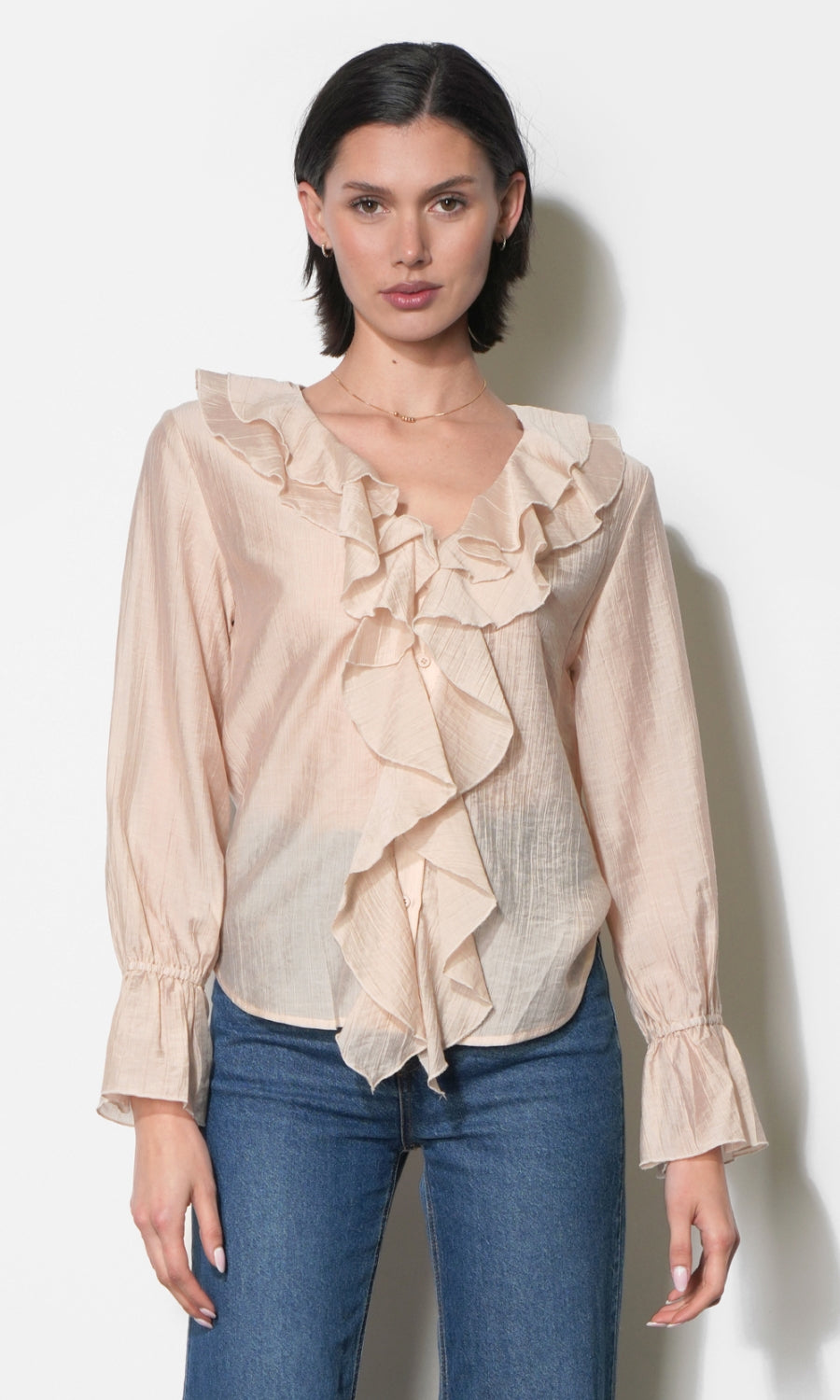 Gemma Cascading Ruffle Button Front Long Sleeve Top G266T7579_KHAKI