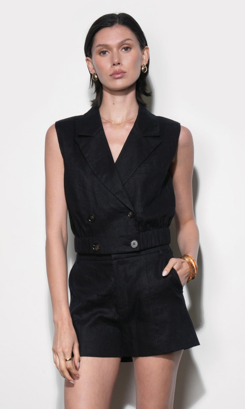 Haisley Linen Lapel Black Vest With Elastic Hem G265J1867