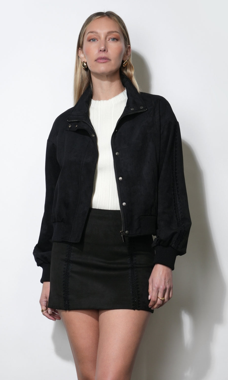 Haven Faux Suede Bomber Jacket With Embroidery G267J1891_BLACK