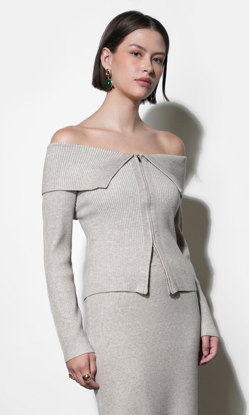 Hazel Off Shoulder Zip up Knit Top G261WT6169