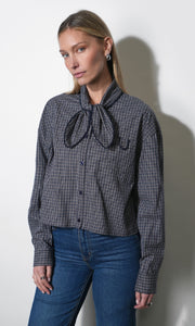 Honey Boxy Tie Neck Checked Button Down Top G267T7609_NAVY