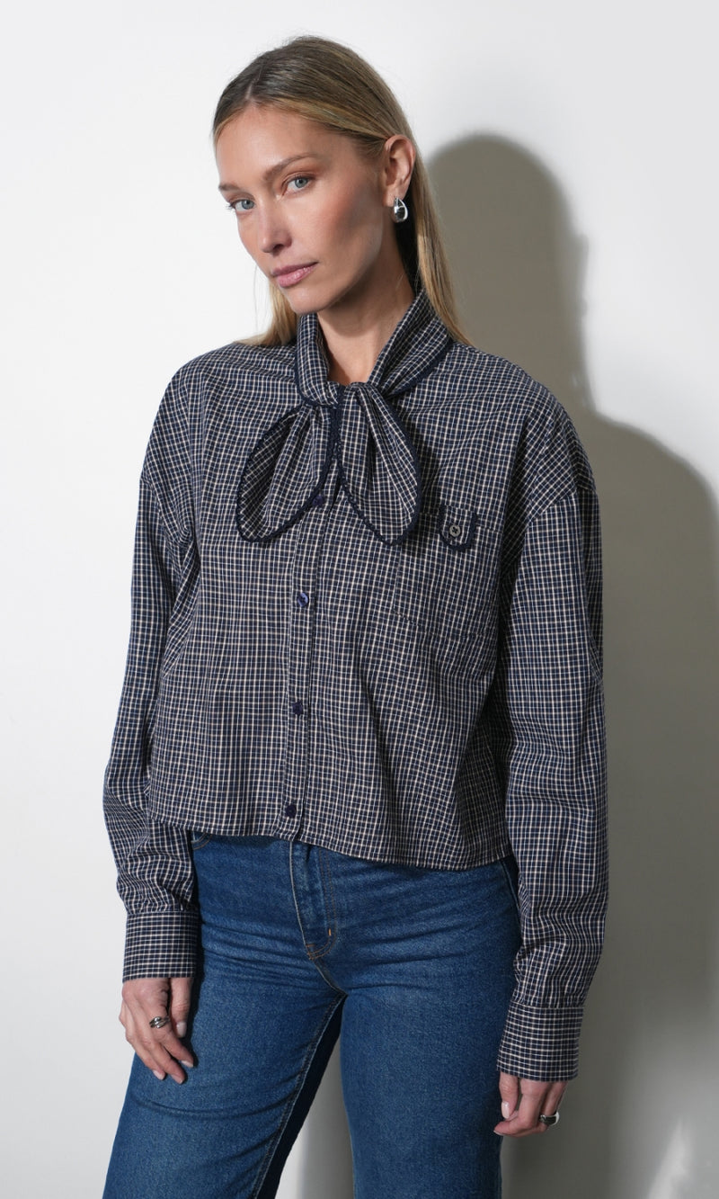 Honey Boxy Tie Neck Checked Button Down Top G267T7609_NAVY