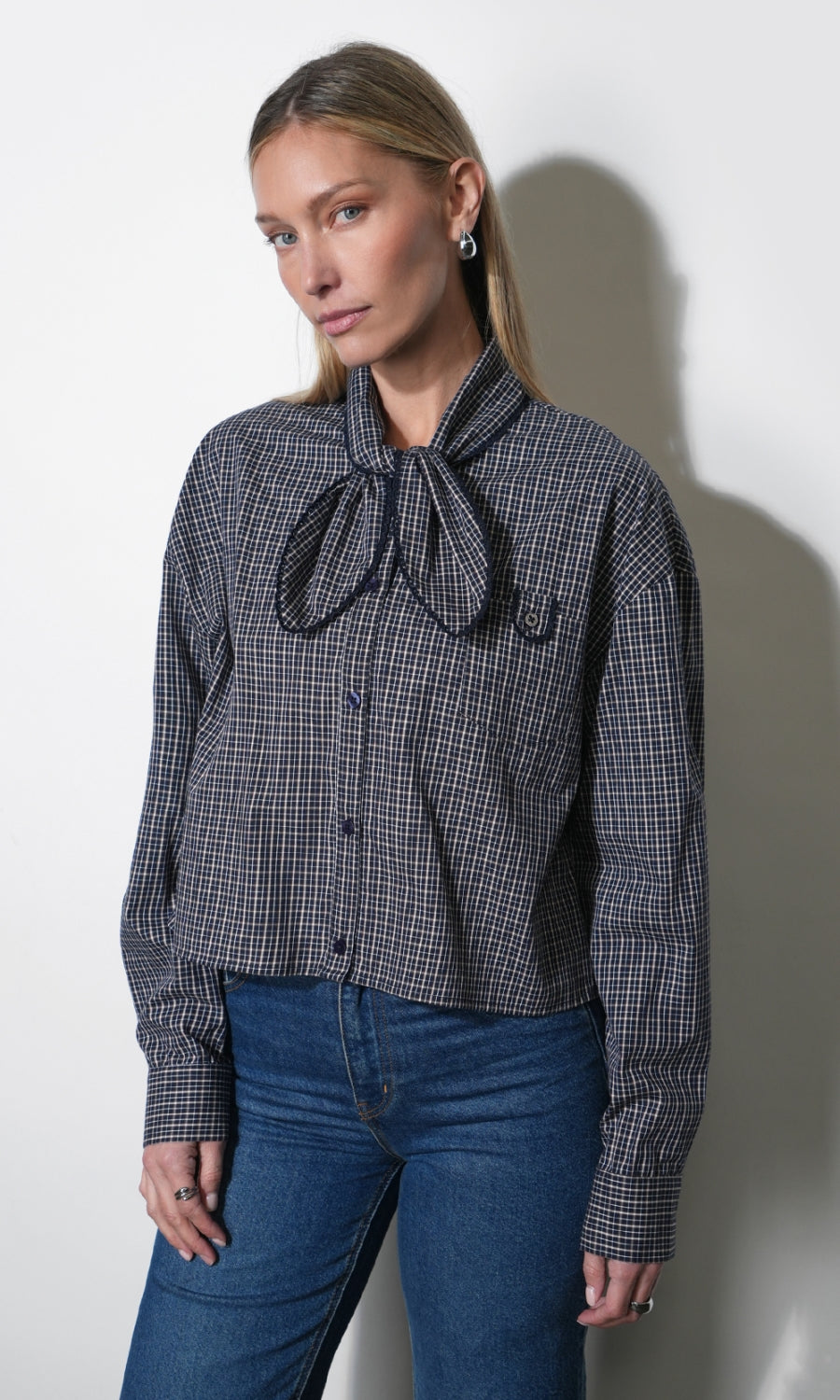 Honey Boxy Tie Neck Checked Button Down Top G267T7609_NAVY