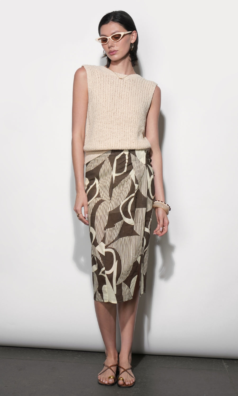 Iris Draped Midi Skirt G266S9476_ECRU/BROWN