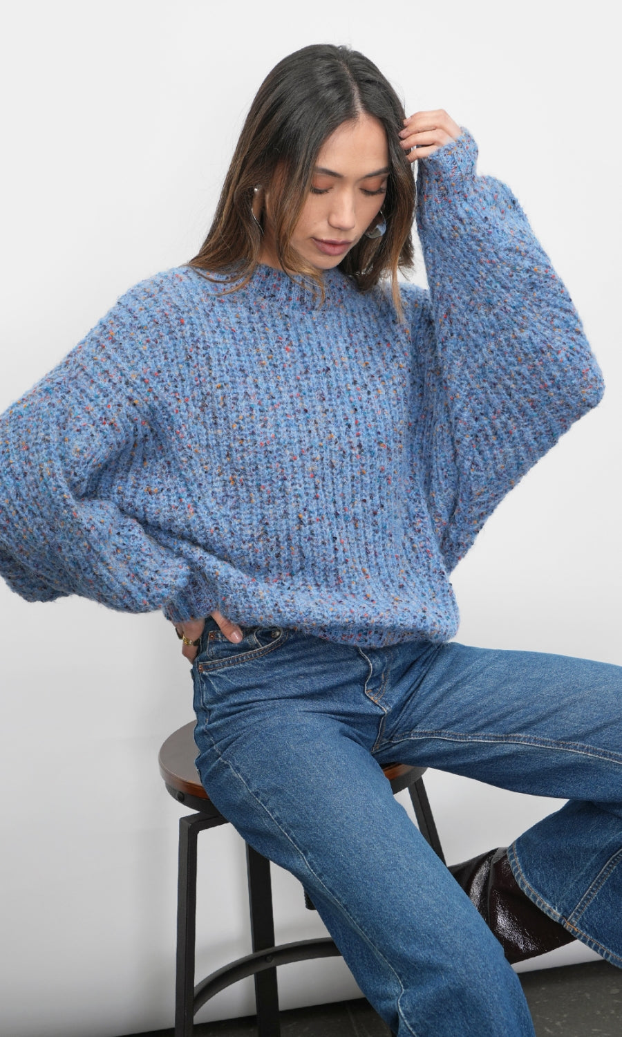 Jasper Slouchy Speckled Crew Neck Blue Sweater G257WT6094_RETRO BLUE