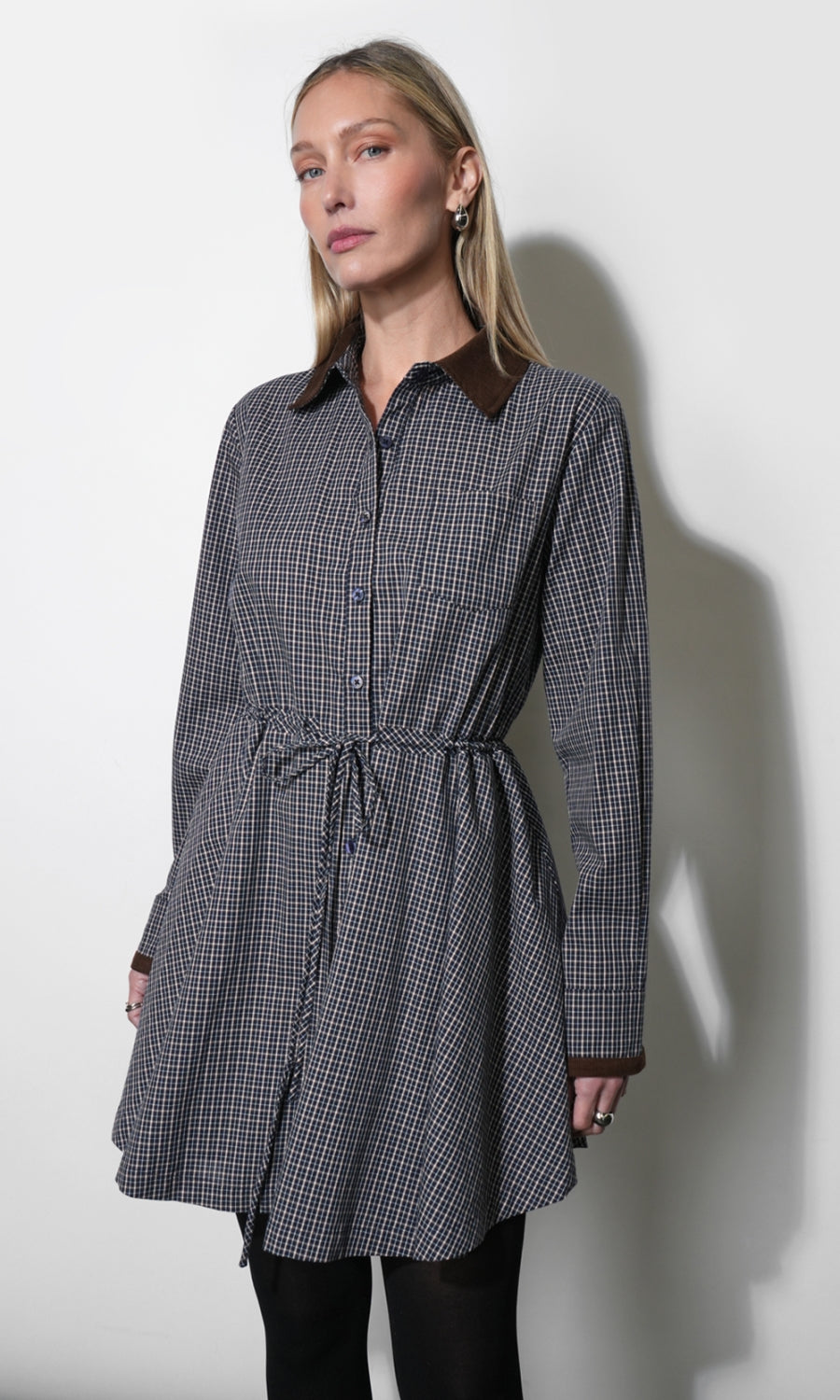 Kylie Contrast Collar Checked Shirt Dress G267D7324_NAVY