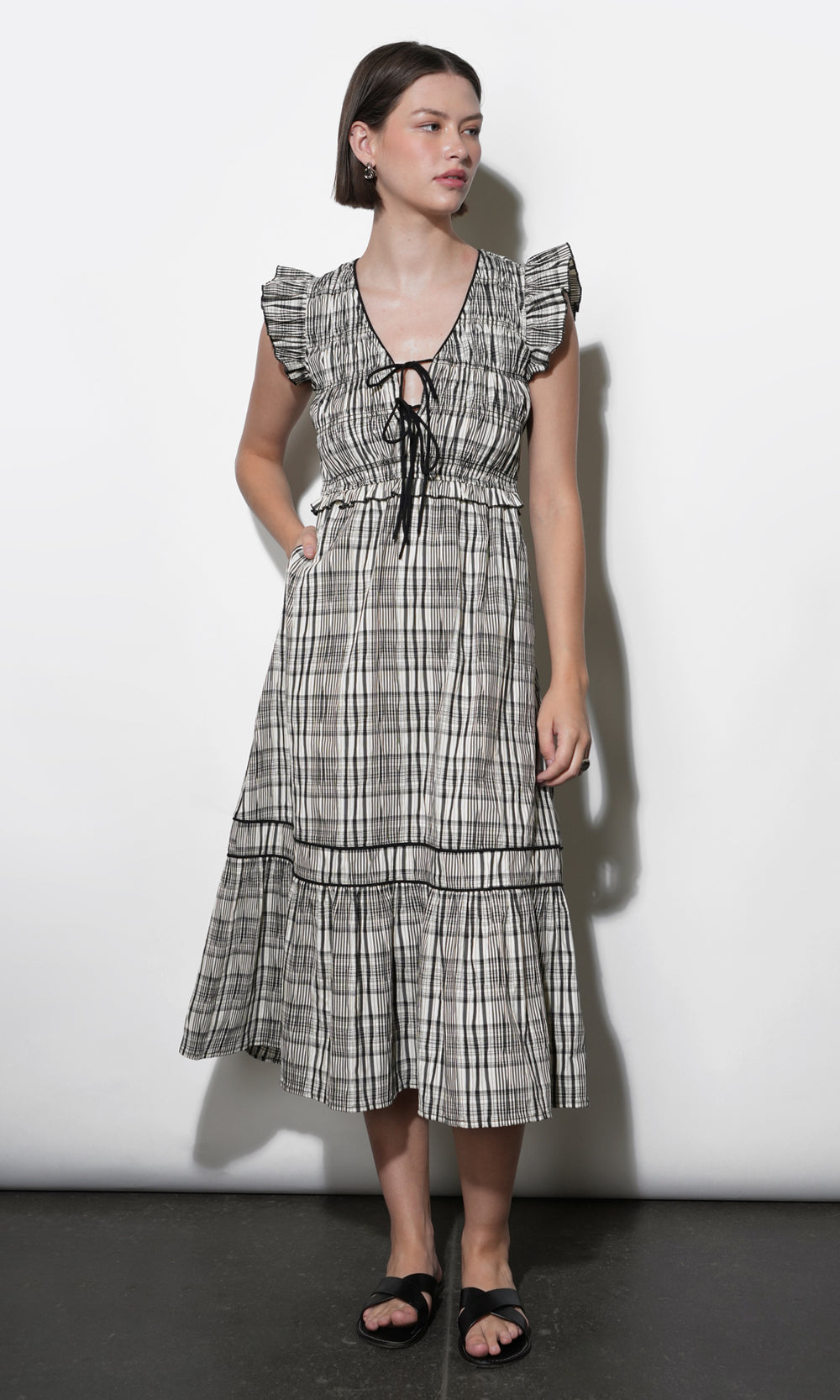 Lacey Smocked Tie Front Plaid Midi G261D6897