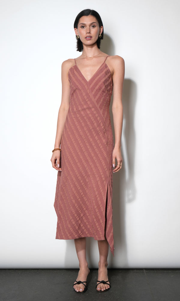 pink and grey striped dress Leah Asymmetric Surplice Neck Stripe line silhouette SKU18852 Pink Size:9-10 Years (150cm) The Boho Tassel Sleeve dev-position-100-and-under:number:31