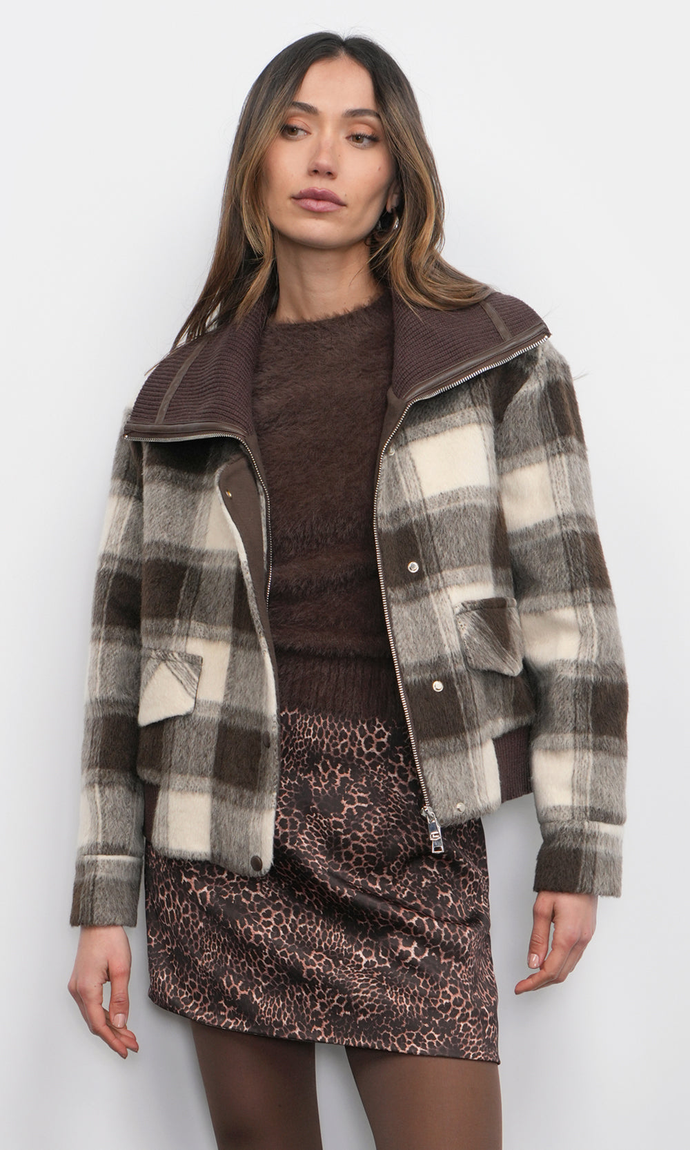 Lennox Plaid Jacket With Knit Oversized Collar | Greylin