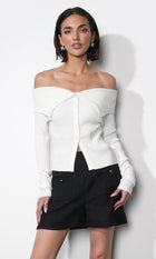 Linnea Button Down Off Shoulder Sweater Top G2511WT6144