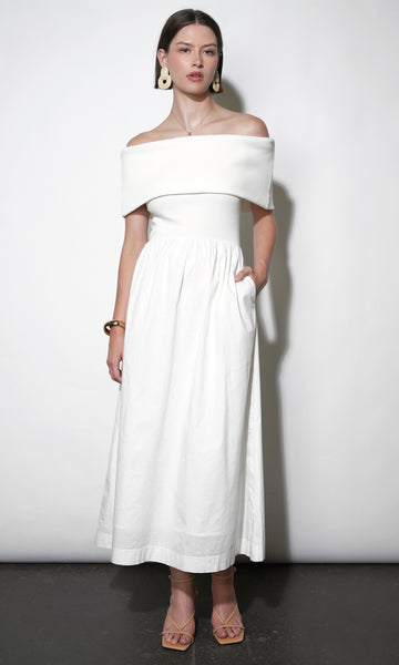 off the shoulder white midi dress OLIVIA by Honey Couture White midi dress Partially lined Off Buy White Puff Sleeve Off