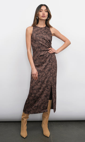 Marli Ruched Tie Front Midi Dress | Greylin Collection M / LEOPARD