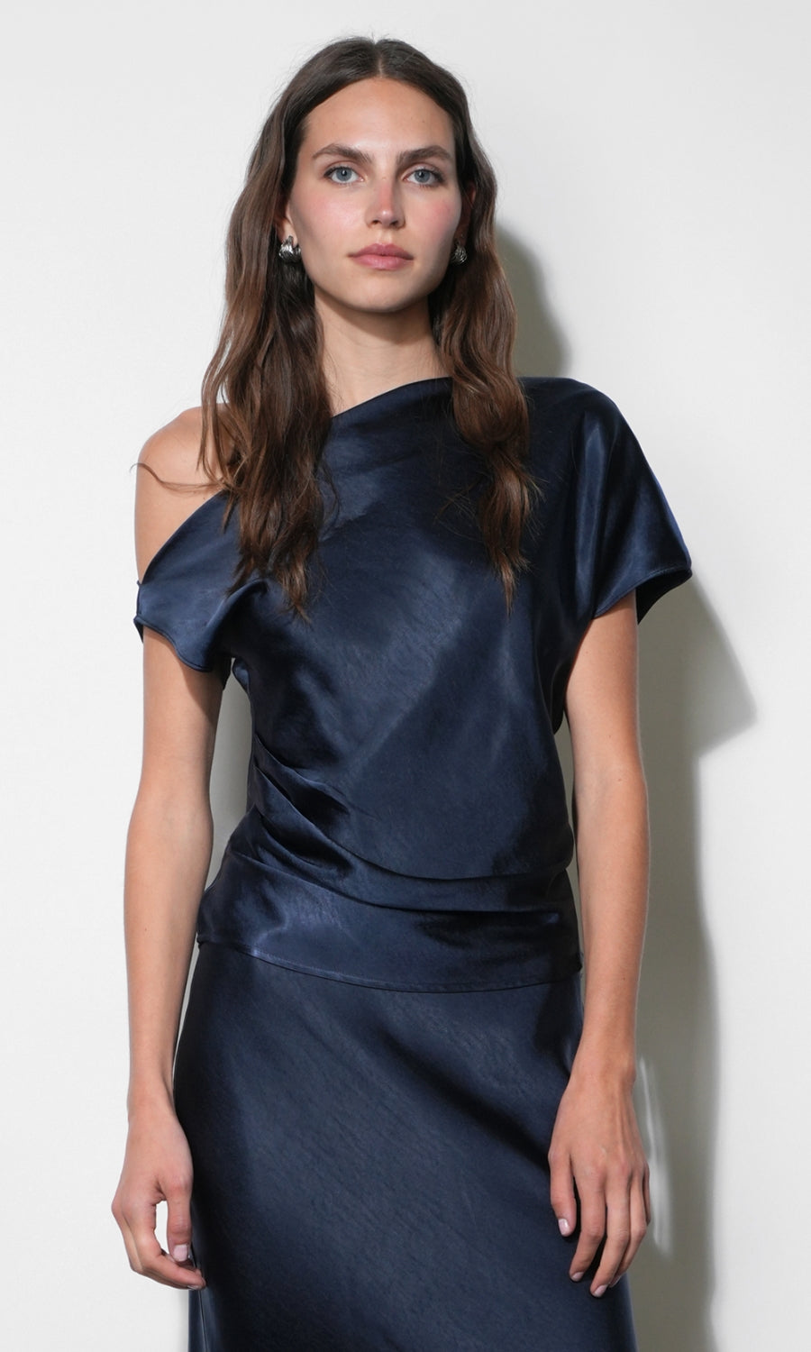 Nellie Asymmetric Satin Draped Off Shoulder Top G2610T7656_NAVY