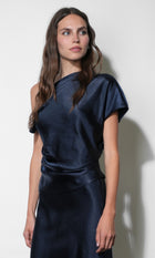 Nellie Asymmetric Satin Draped Off-Shoulder Top G2610T7656_NAVY