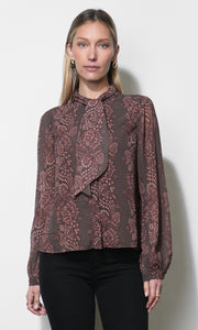 Nelly Button Down Tie Neck Blouse G267T7618_CHOCOLATE