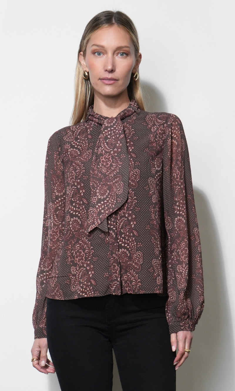 Nelly Button Down Tie Neck Blouse G267T7618_CHOCOLATE