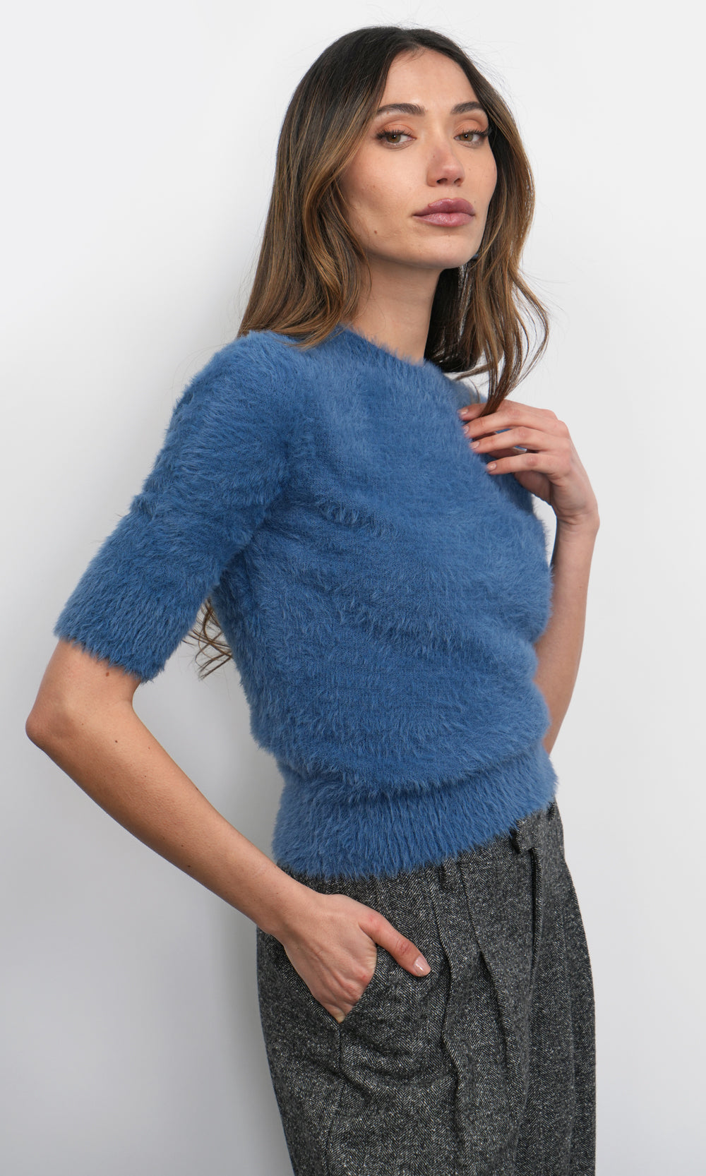 Odette Fuzzy Elbow Sleeve Knit Top G259WT6117