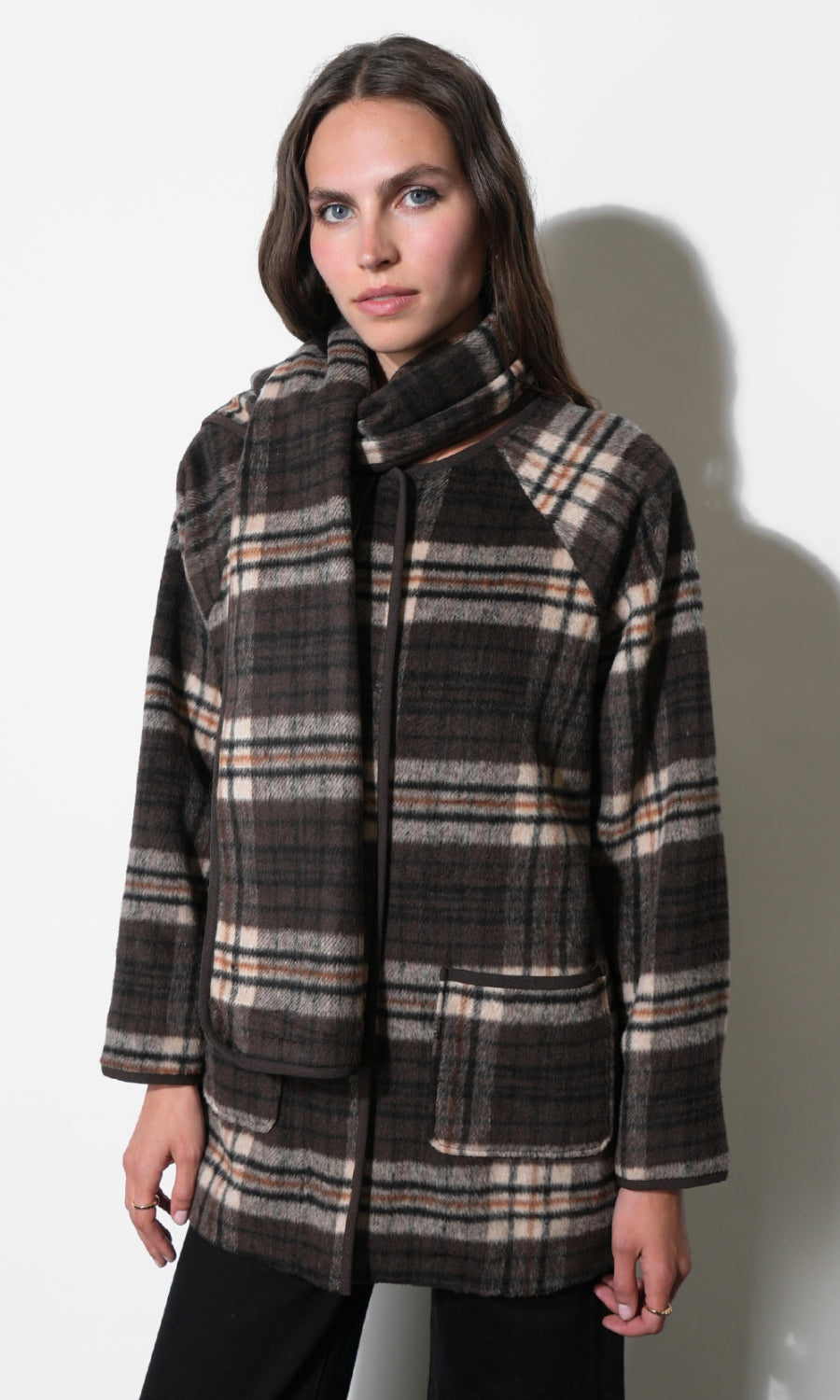 Oren Plaid Removable Scarf Coat G2610J1914_COCOA MULTI